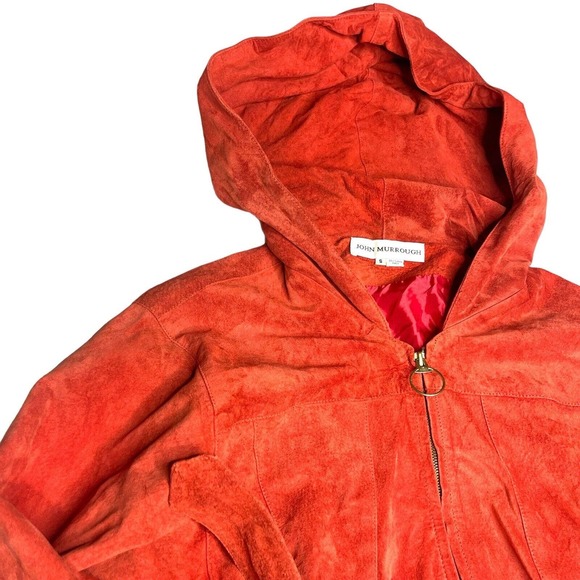 John Murrough Vintage 80s Suede Leather Orange O-Ring Zip Up Hooded Jacket Small - Picture 6 of 14